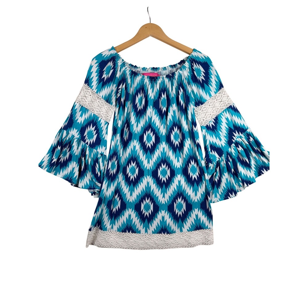 Macbeth Collection Printed Bell Sleeve Blouse size XS Blue/White